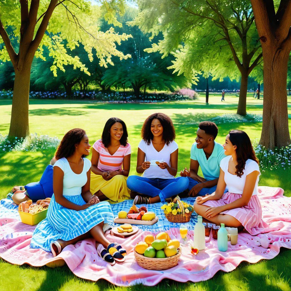 A diverse group of friends joyfully sharing a picnic in a sunlit park, surrounded by blooming flowers and trees, capturing laughter and connection. The scene radiates warmth and happiness, emphasizing the beauty of meaningful relationships. Include soft pastel colors for a harmonious feel. vibrant colors. 3D.