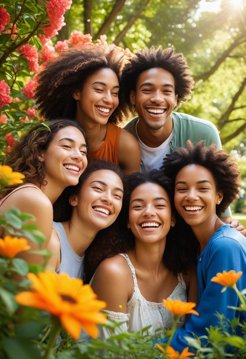 A serene scene featuring a diverse group of friends laughing and sharing moments in a sunlit park, surrounded by blooming flowers and soft greenery. Emphasize genuine smiles and heartwarming interactions, with a gentle breeze flowing through the trees. Warm, inviting colors to evoke feelings of joy and contentment. super-realistic. vibrant colors. natural setting.