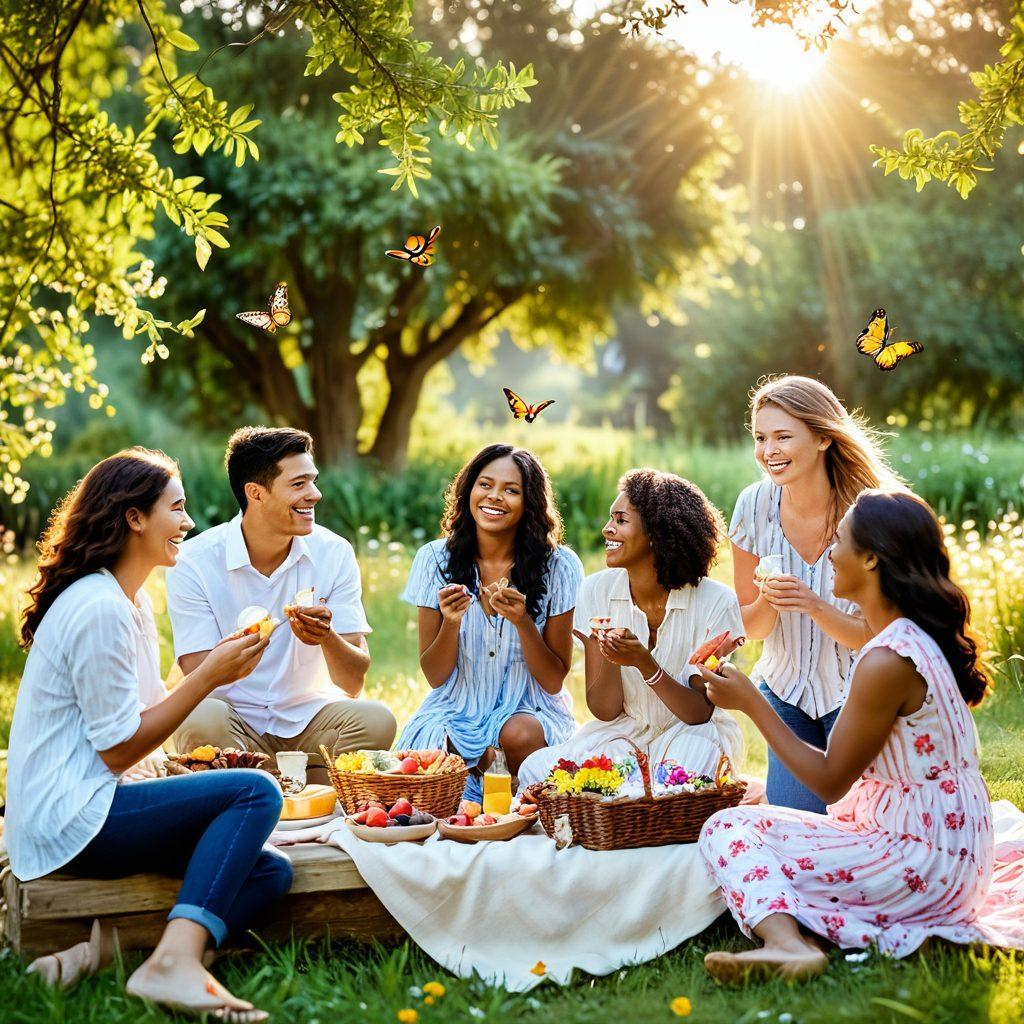 A serene outdoor scene depicting a diverse group of friends enjoying a picnic, surrounded by blooming flowers and lush greenery. They are laughing, sharing food, and engaging in activities like playing games and painting, symbolizing joy and connection. The sun sets in the background, creating a warm, golden light that enhances the sense of happiness. Whimsical elements like butterflies and birds add a touch of magic to the atmosphere. vibrant colors. soft-focus. light bokeh.